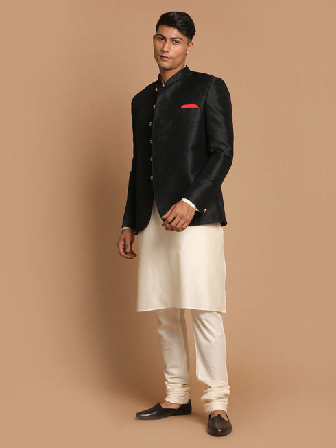 Vastramay Men's Black Silk Blend Jodhpuri With Cream Viscose Rayon Kurta Pyjama Set