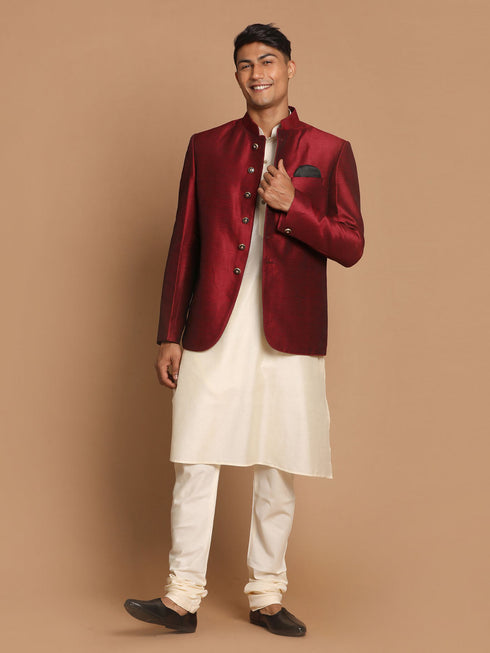 Vastramay Men's Maroon Silk Blend Jodhpuri With Cream Viscose Rayon Kurta Pyjama Set