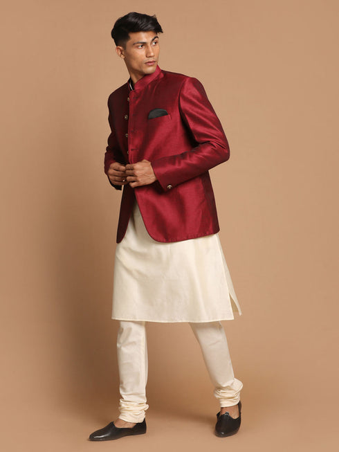 Vastramay Men's Maroon Silk Blend Jodhpuri With Cream Viscose Rayon Kurta Pyjama Set