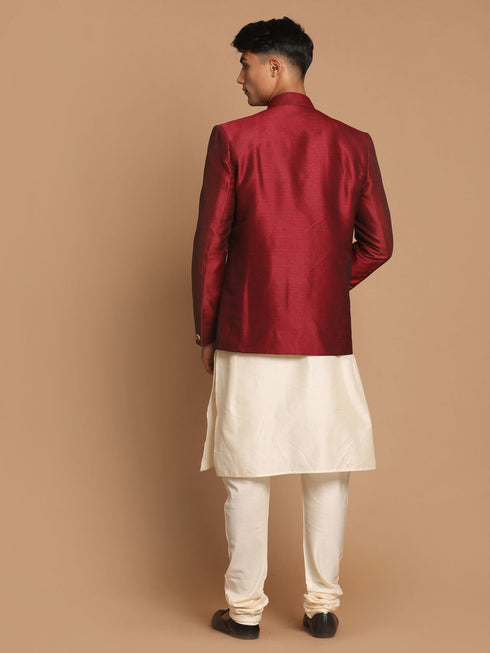 Vastramay Men's Maroon Silk Blend Jodhpuri With Cream Viscose Rayon Kurta Pyjama Set