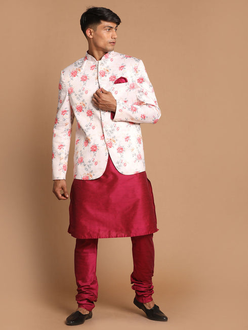 Vastramay Men's Peach Silk Blend Jodhpuri With Purple Cotton Silk Blend Kurta and Pyjama Set