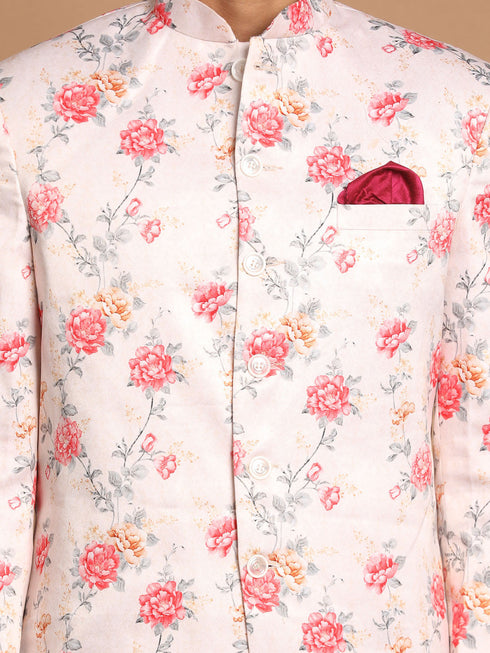 Vastramay Men's Peach Silk Blend Jodhpuri With Purple Cotton Silk Blend Kurta and Pyjama Set