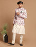 Vastramay Men's Pink Floral Print Jodhpuri With Cream Solid Kurta And Pyjama Set