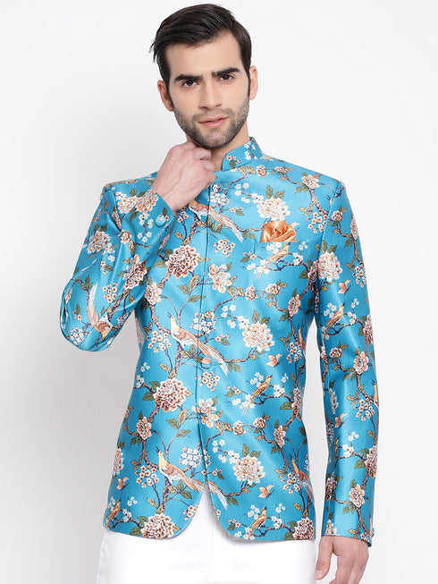 Vastramay Men's Turquoise Silk Blend Jodhpuri