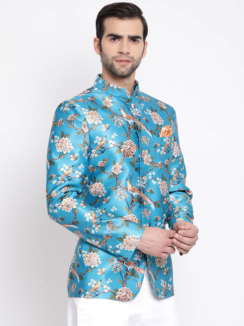 Vastramay Men's Turquoise Silk Blend Jodhpuri