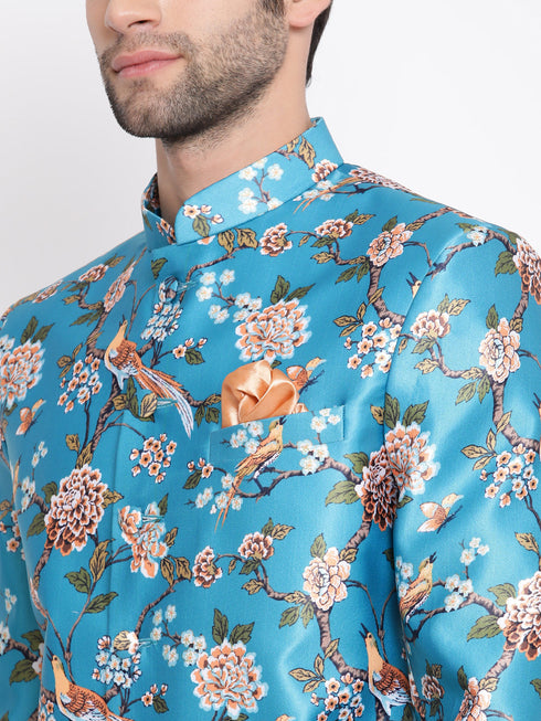 Vastramay Men's Turquoise Silk Blend Jodhpuri
