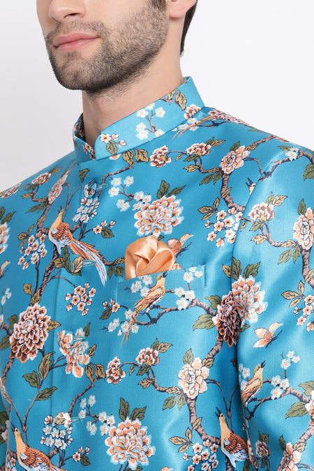 VASTRAMAY Multicolor-Base-Turquoise Baap Beta Jodhpuri Set