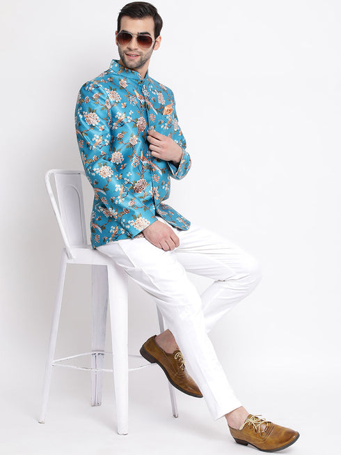 Vastramay Men's Turquoise Silk Blend Jodhpuri