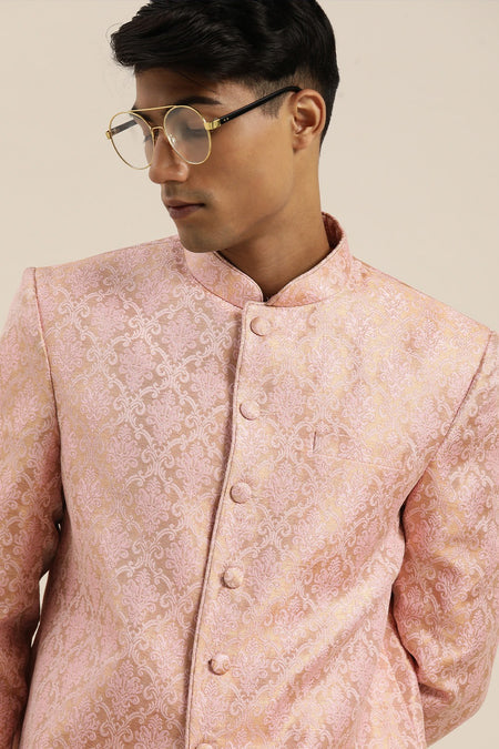 VASTRAMAY Pink Banarasi Brocade Jodhpuri Bapp Beta Set