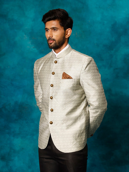 Vastramay Men's Beige Silk Blend Woven Jodhpuri