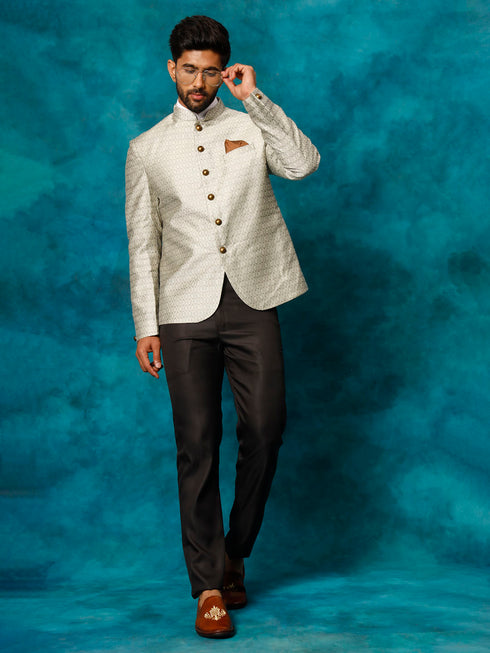 Vastramay Men's Beige Silk Blend Woven Jodhpuri