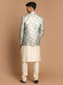 Vastramay Men's Green Woven Design Jodhpuri And Cream Kurta Pyjama Set