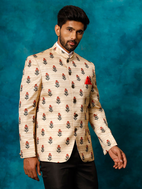 Vastramay Men's Beige Printed Silk Jodhpuri