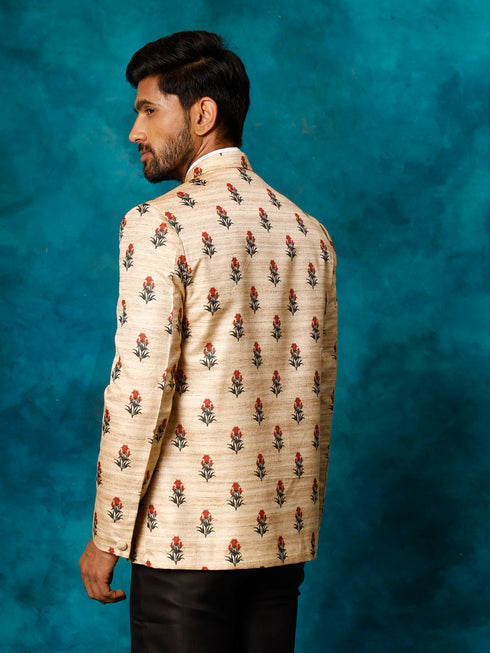 Vastramay Men's Beige Printed Silk Jodhpuri