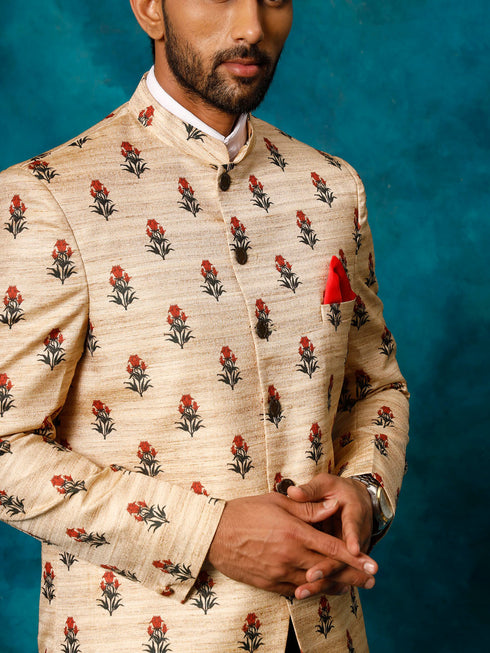 Vastramay Men's Beige Printed Silk Jodhpuri