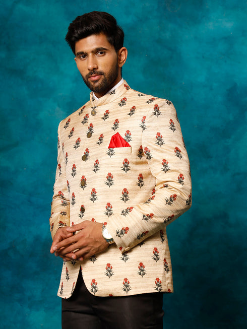 Vastramay Men's Beige Printed Silk Jodhpuri