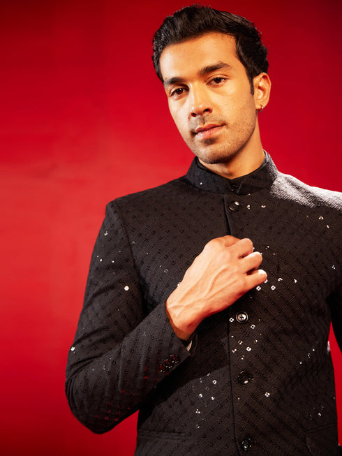 Vastramay Men's Black Schiflli Jodhpuri