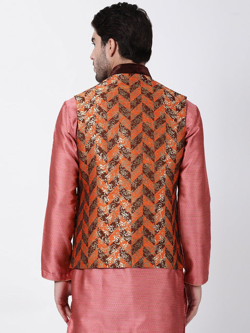 VASTRAMAY Men's Orange Cotton Silk Blend Ethnic Jacket