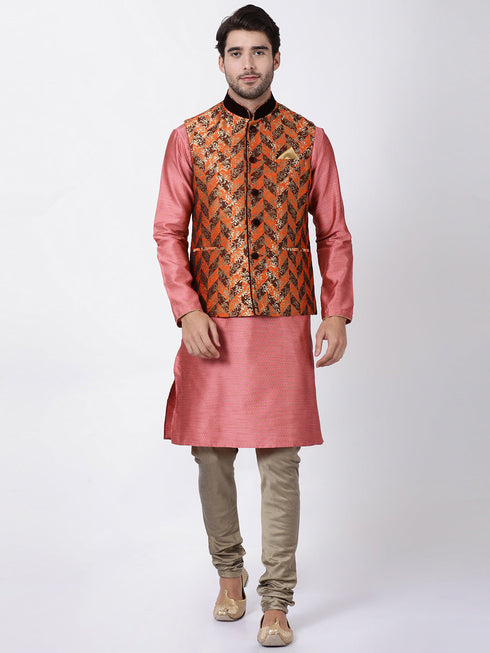 VASTRAMAY Men's Orange Cotton Silk Blend Ethnic Jacket