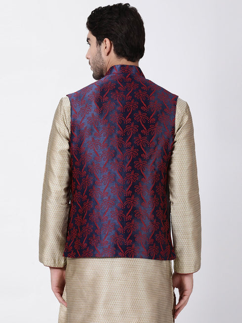 VASTRAMAY Men's Dark Blue and Maroon Cotton Silk Blend Ethnic Jacket