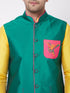Vastramay Men's Yellow Silk Blend Kurta And Pyjama With Green Embroidered Nehru Jacket