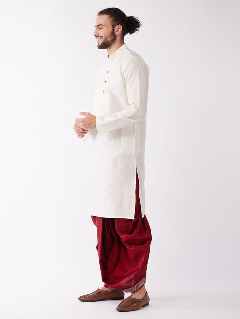 Vastramay Men's Cream And Maroon Silk Blend Kurta And Dhoti Set