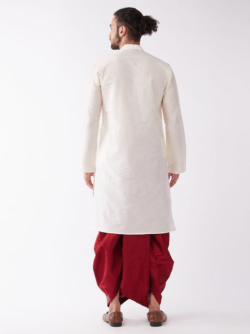 Vastramay Men's Cream And Maroon Silk Blend Kurta And Dhoti Set