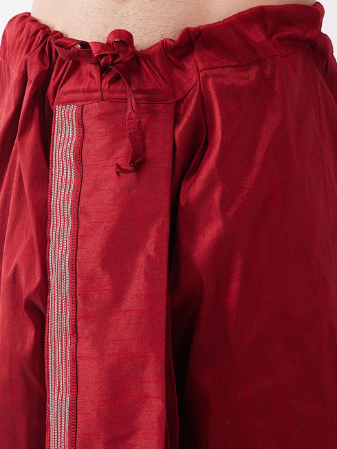 Vastramay Men's Cream And Maroon Silk Blend Kurta And Dhoti Set