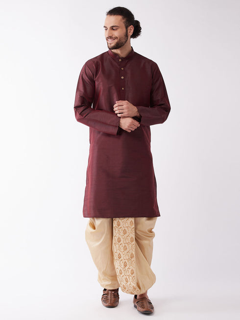 Vastramay Men's Burgundy Silk Blend Kurta And Gold Dhoti Set