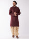 Vastramay Men's Burgundy Silk Blend Kurta And Gold Dhoti Set