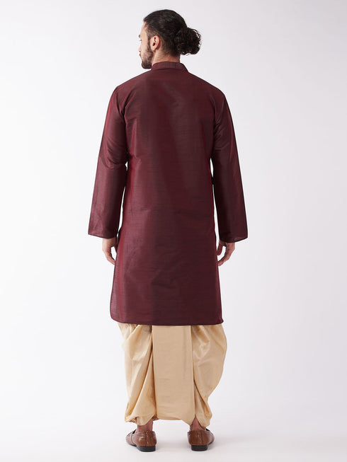 Vastramay Men's Burgundy Silk Blend Kurta And Gold Dhoti Set