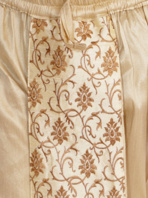 Vastramay Men's Burgundy Silk Blend Kurta And Gold Dhoti Set