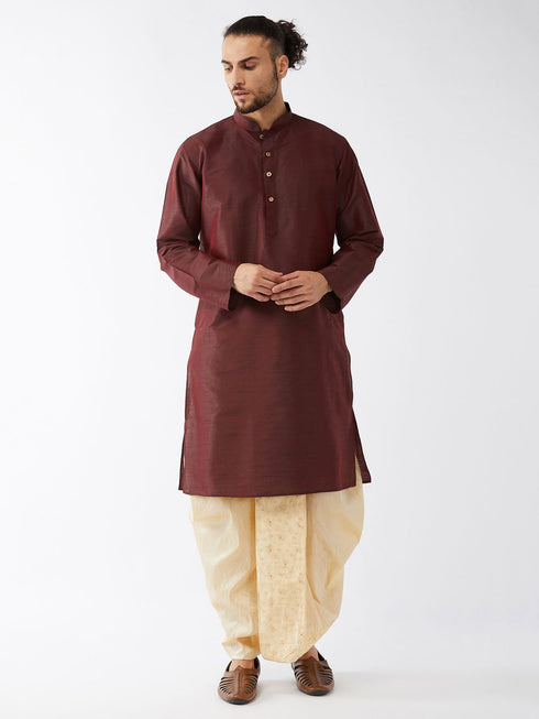 Vastramay Men's Burgundy And Gold Silk Blend Kurta And Dhoti Set