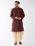 Vastramay Men's Burgundy And Gold Silk Blend Kurta And Dhoti Set