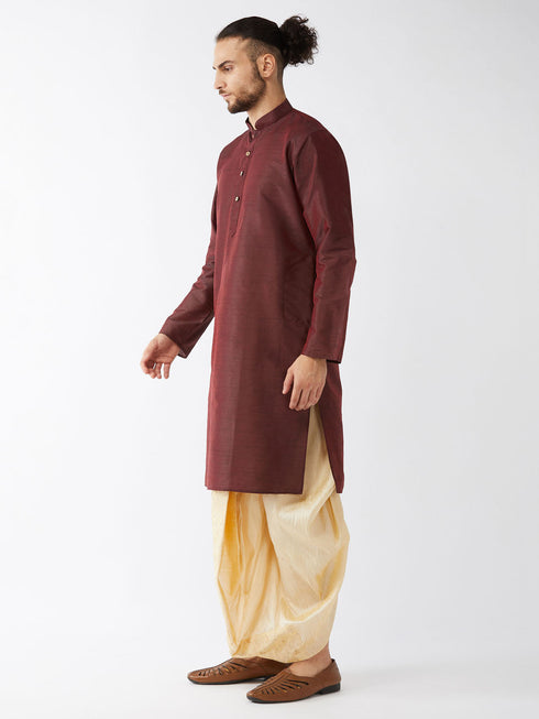 Vastramay Men's Burgundy And Gold Silk Blend Kurta And Dhoti Set