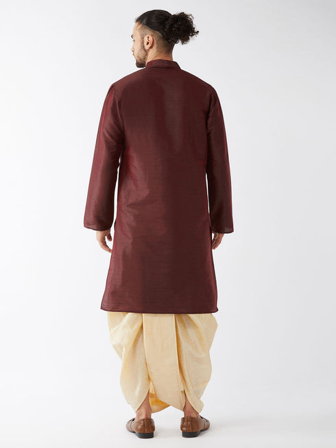 Vastramay Men's Burgundy And Gold Silk Blend Kurta And Dhoti Set