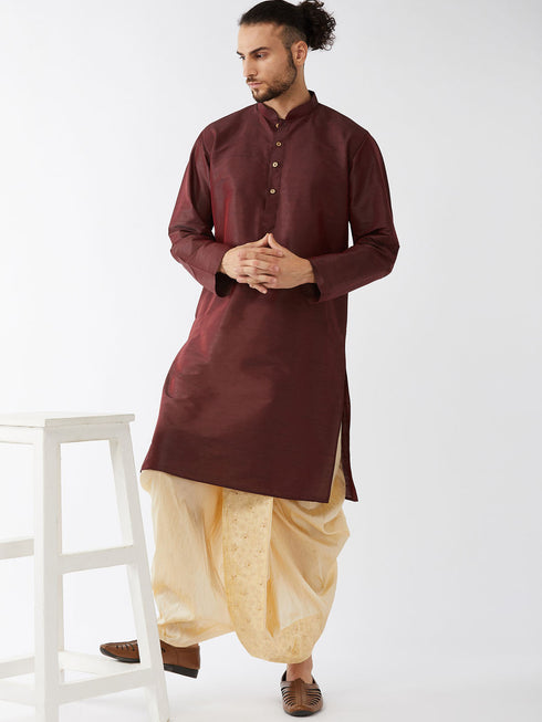 Vastramay Men's Burgundy And Gold Silk Blend Kurta And Dhoti Set