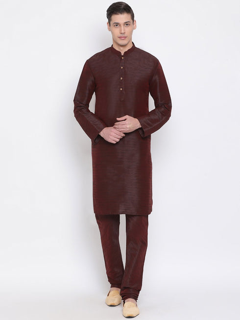 Vastramay Men's Burgundy Silk Blend Kurta and Pyjama Set