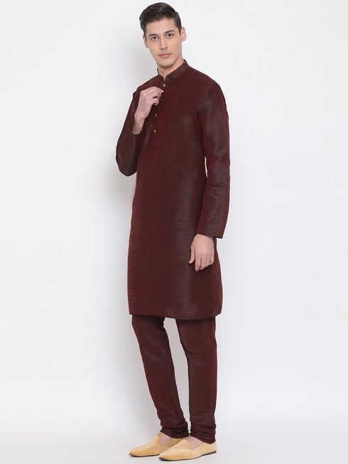 Vastramay Men's Burgundy Silk Blend Kurta and Pyjama Set