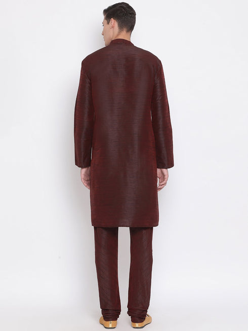Vastramay Men's Burgundy Silk Blend Kurta and Pyjama Set