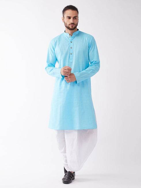 Vastramay Men's Aqua Blue And White Cotton Blend Kurta And Dhoti Set
