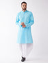Vastramay Men's Aqua Blue And White Cotton Blend Kurta And Dhoti Set