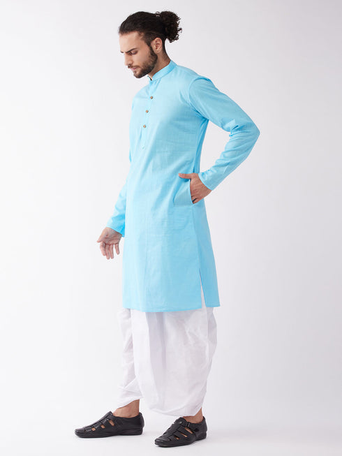 Vastramay Men's Aqua Blue And White Cotton Blend Kurta And Dhoti Set