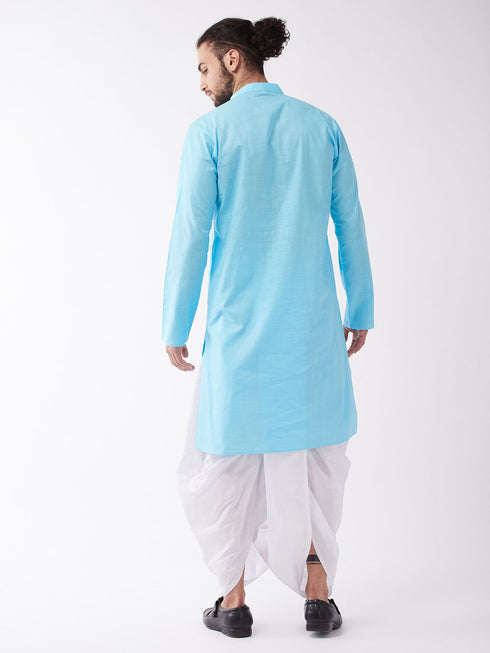 Vastramay Men's Aqua Blue And White Cotton Blend Kurta And Dhoti Set