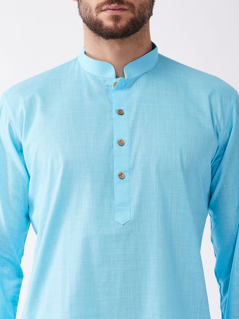 Vastramay Men's Aqua Blue And White Cotton Blend Kurta And Dhoti Set