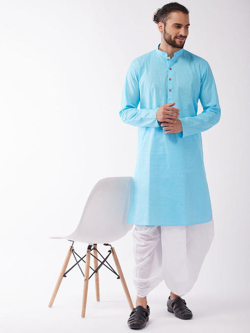 Vastramay Men's Aqua Blue And White Cotton Blend Kurta And Dhoti Set