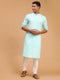 Vastramay Men's Aqua Blue Cotton Kurta and White Cotton Pant Set