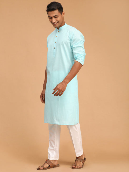 Vastramay Men's Aqua Blue Cotton Kurta and White Cotton Pant Set