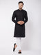 Vastramay Men's Black Solid Cotton Blend Kurta & White Solid Cotton Pant Set