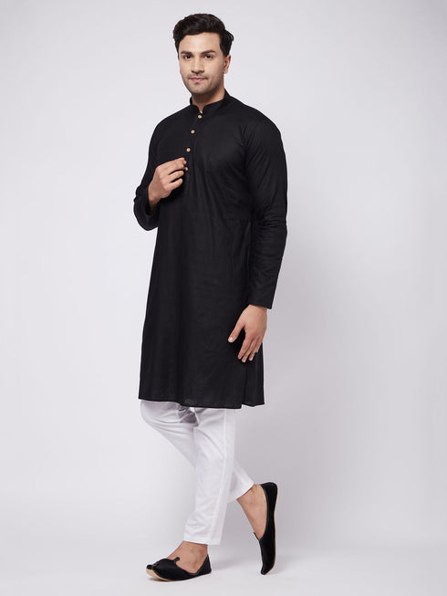 Vastramay Men's Black Solid Cotton Blend Kurta & White Solid Cotton Pant Set